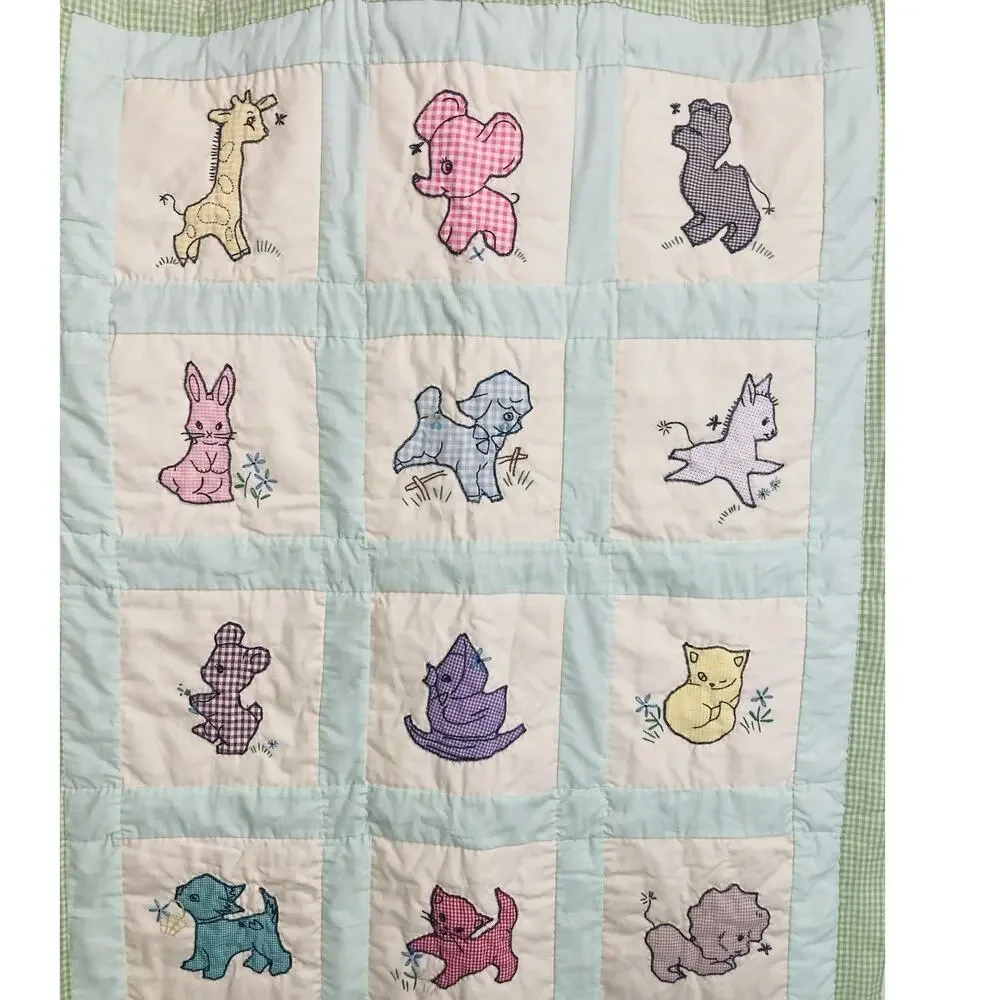 Vintage Hand Embroidered Applique Baby Quilt Blanket Wall Hanging Kitty Cat Lamb
